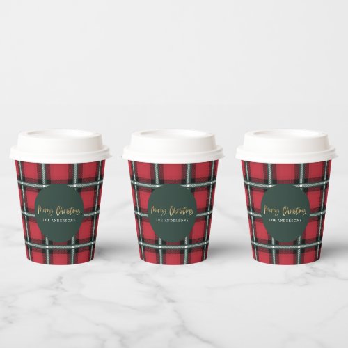 Gold script merry christmas red tartan holiday  pa paper cups