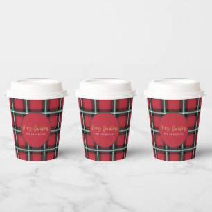 Gold script merry christmas red tartan holiday paper cups