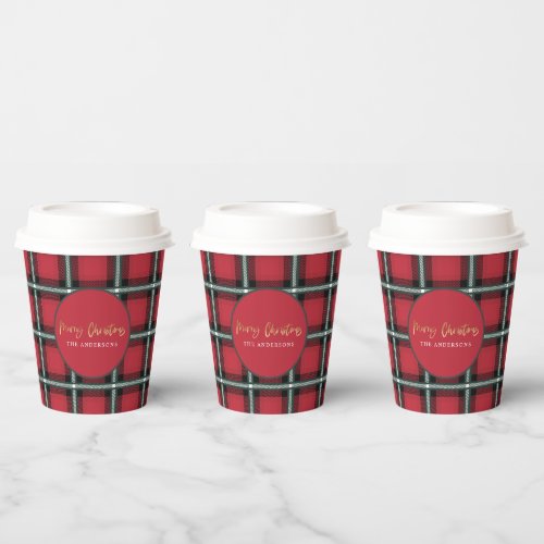 Gold script merry christmas red tartan holiday  paper cups