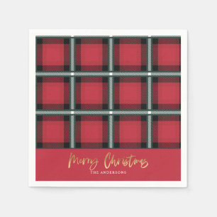 Gold script merry christmas red tartan napkins