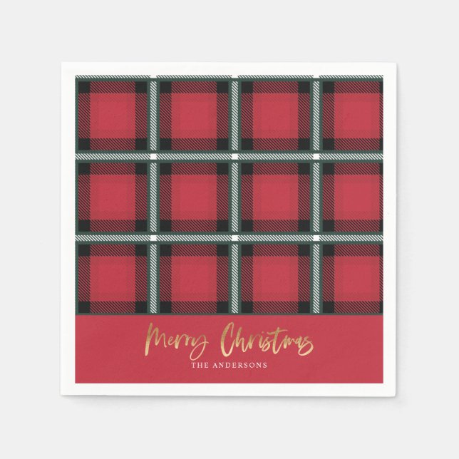 Gold script merry christmas red tartan  napkins (Front)