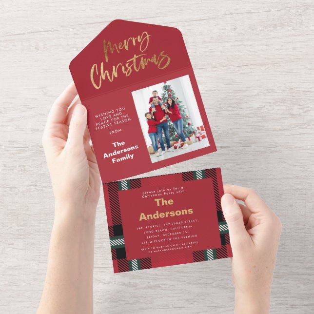 Gold script merry christmas red tartan photo all i all in one invitation (Tearaway)