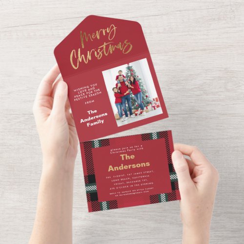 Gold script merry christmas red tartan photo all i all in one invitation