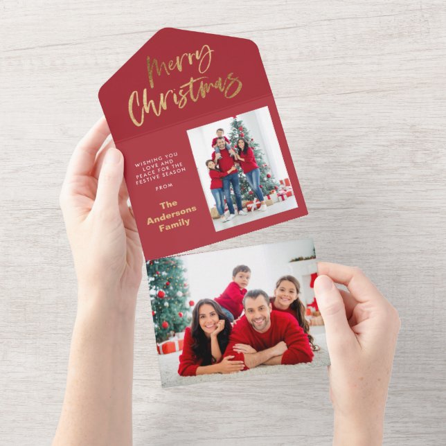 Gold script merry christmas red tartan photo all in one invitation (Tearaway)