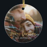 Gold script merry christmas red tartan photo ceramic ornament<br><div class="desc">Gold effect stylish script merry christmas with coordinating red and green check tartan backer design. Space for a single photo design. A modern take on a traditional christmas.</div>