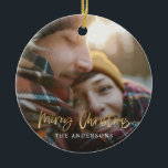 Gold script merry christmas red tartan photo ceramic ornament<br><div class="desc">Gold effect stylish script merry christmas with coordinating red and green check tartan backer design. Space for a single photo design. A modern take on a traditional christmas.</div>
