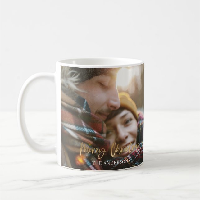 Gold script merry christmas red tartan photo coffee mug (Left)