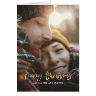 Gold script merry christmas red tartan photo holid cards