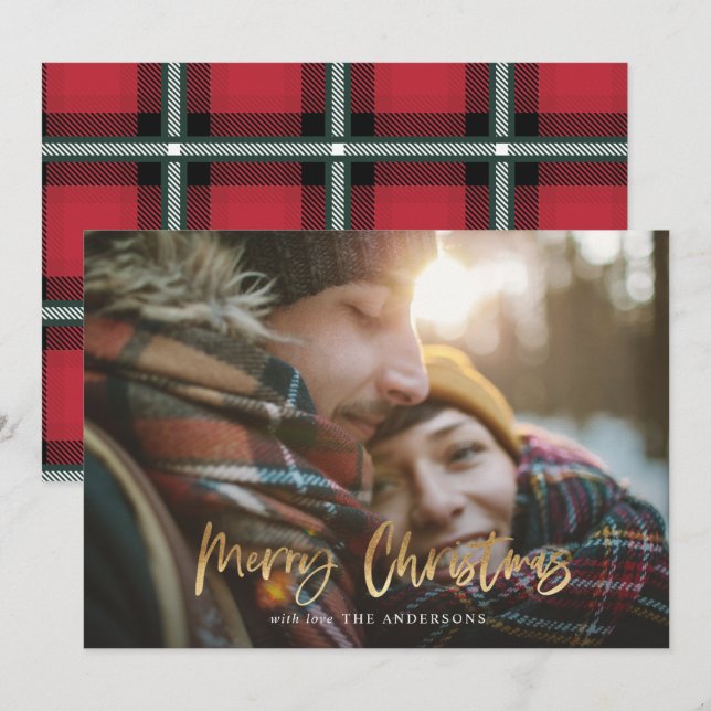 Gold script merry christmas red tartan photo holid holiday card (Front/Back)