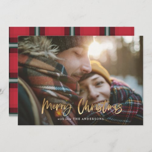 Gold script merry christmas red tartan photo holid holiday card