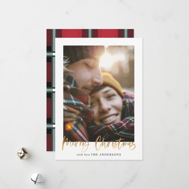 Gold script merry christmas red tartan photo holiday card (Front/Back In Situ)