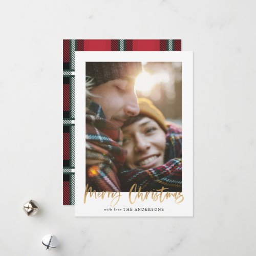 Gold script merry christmas red tartan photo holiday card