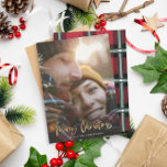 Gold script merry christmas red tartan photo holiday card