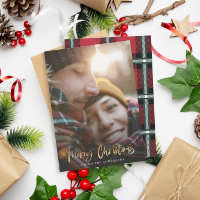 Gold script merry christmas red tartan photo holiday card