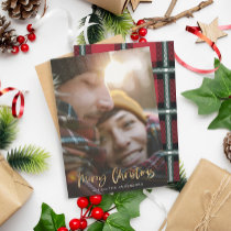 Gold script merry christmas red tartan photo holiday card