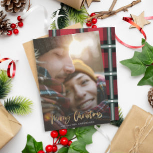 Gold script merry christmas red tartan photo holiday card