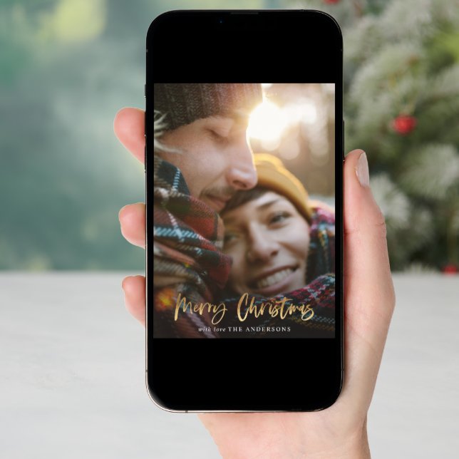 Gold script merry christmas red tartan photo holiday card (Front Digital)