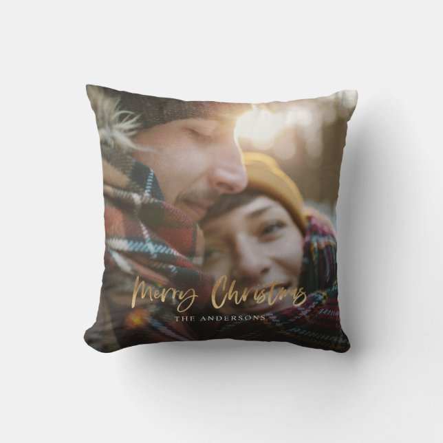 Gold script merry christmas red tartan photo throw pillow (Front)
