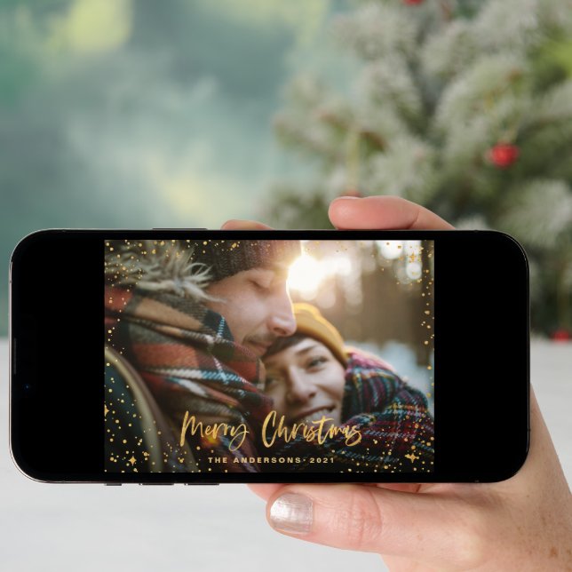 Gold script merry Christmas stars 1 photo elegant Holiday Card (Front Digital)