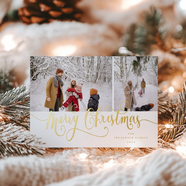 Gold Script Merry Christmas Tartan Photo Foil Holiday Card (Creator Uploaded)