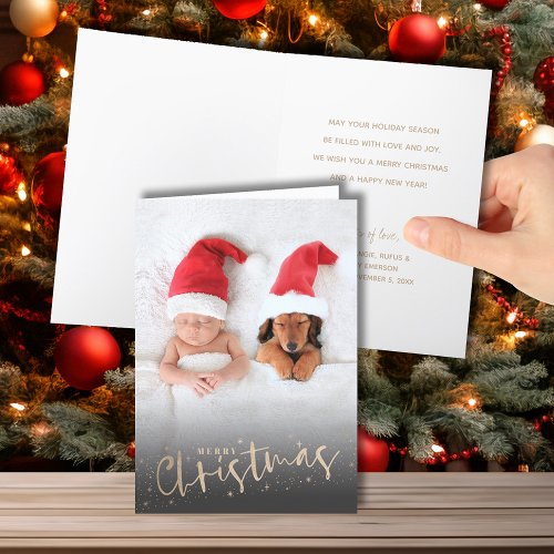 Gold Script Merry Folded Christmas Photo Holiday Card