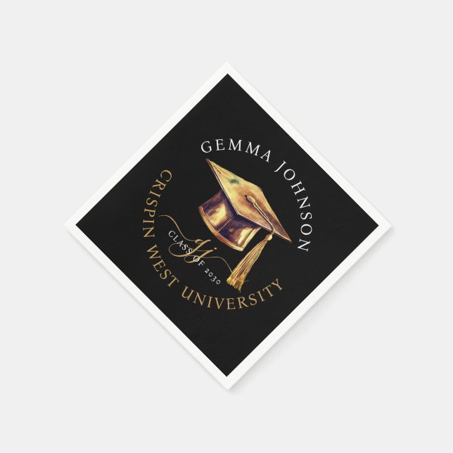 Gold Script Minimalist Graduation Party Black Napkins (Corner)
