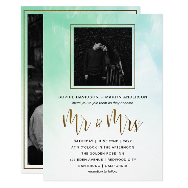Gold Script Mint Watercolor Wedding Mr & Mrs Photo Card