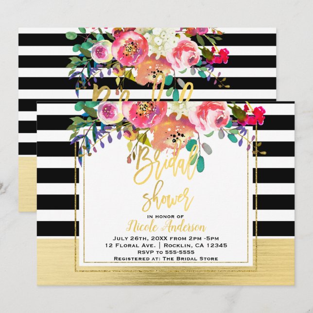 Gold Script Modern Floral Glam Bridal Shower Invitation (Front/Back)
