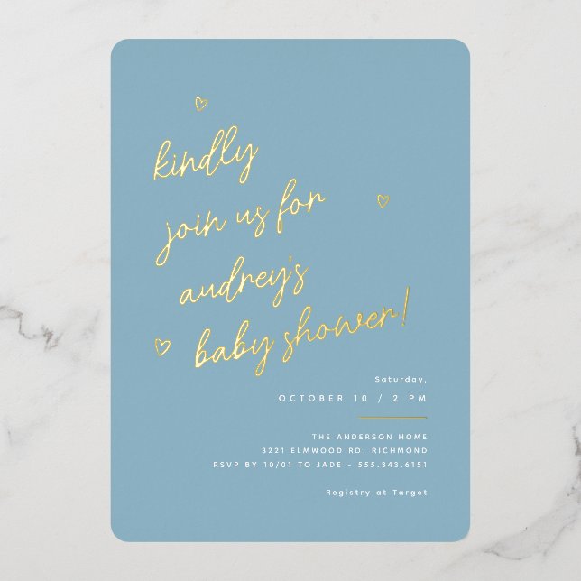 Gold Script | Modern Light Blue Boy Baby Shower Foil Invitation (Front)