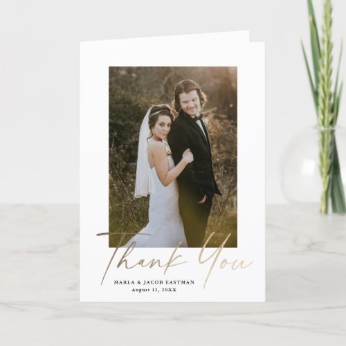 Gold Script Modern Minimal Photo Wedding Thank You Card