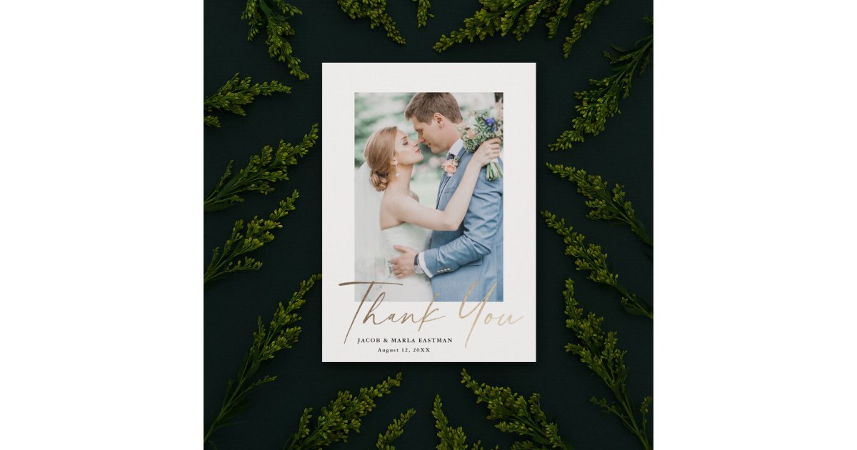Gold Script Modern Minimal Photo Wedding Thank You Card | Zazzle