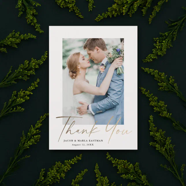 Gold Script Modern Minimal Photo Wedding Thank You Card | Zazzle
