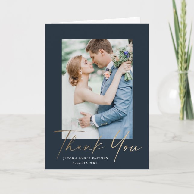 Gold Script Modern Minimal Wedding Photo  Thank You Card (Front)