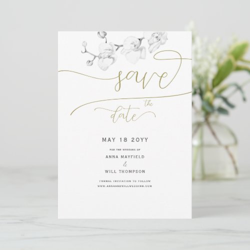 Gold Script Modern Orchid Wedding Save the Date Invitation