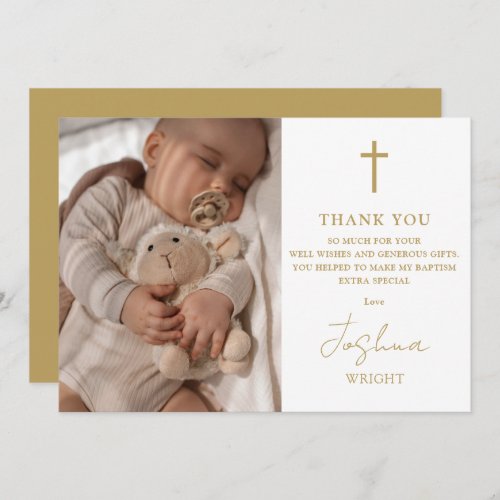 Gold Script Modern Photo Baptism Christening Thank You Card