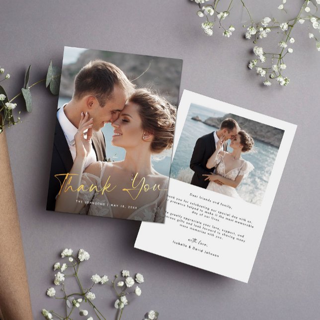 Gold Script Modern Photo Wedding Thank You Card (Creator Uploaded)