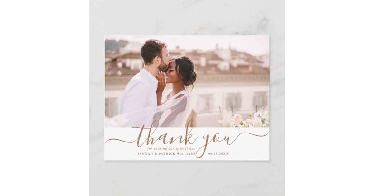 Gold Script Modern Wedding Thank You Photo Postcard | Zazzle
