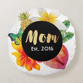 Gold Script Mom Tropical Floral Round Pillow