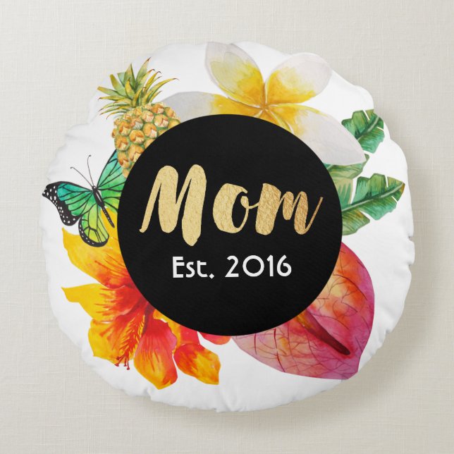 Gold Script Mom Tropical Floral Round Pillow (Front)