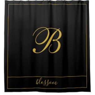 Gold Script Monogram Black Shower Curtain