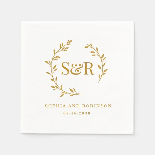 Gold Script Monogram Floral Minimalist Wedding Napkins