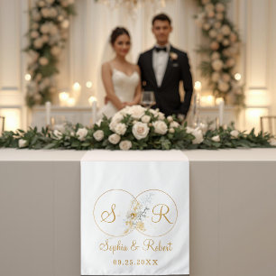 Gold Script Monogram Floral Wedding Table Runner Tapestry