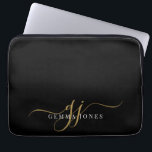 Gold Script Monogram Initials Minimalist Black Laptop Sleeve<br><div class="desc">A chic modern stylish gold black monogram on black,  with a dramatic script initial with swashes and your full name in a modern serif type.</div>