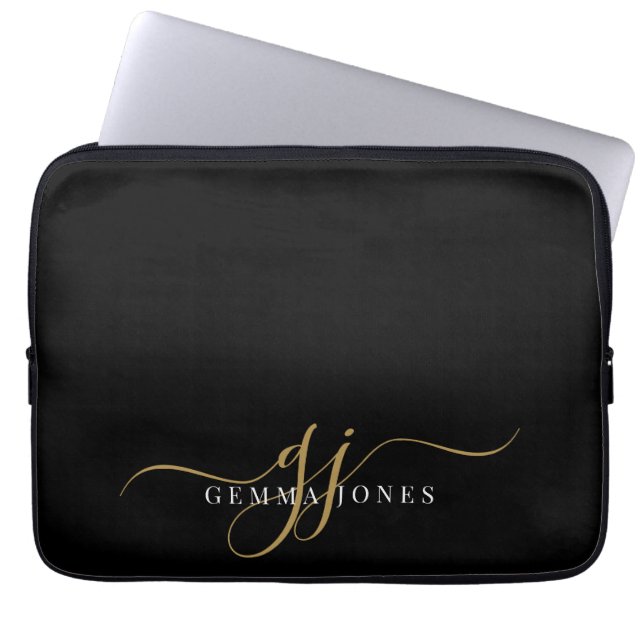 Gold Script Monogram Initials Minimalist Black Laptop Sleeve (Front)