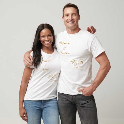 Gold Script Monogram Logo Wedding  T_Shirt