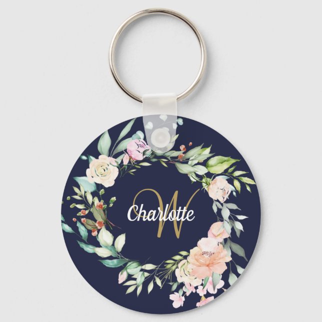 Gold Script Monogram Navy Blue Floral Roses Keychain (Front)