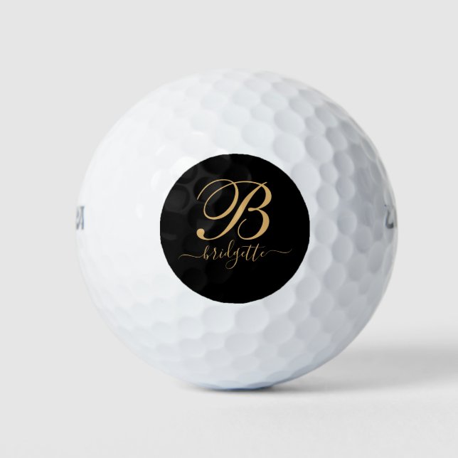 Gold Script Monogram On Black Golf Balls (Front)