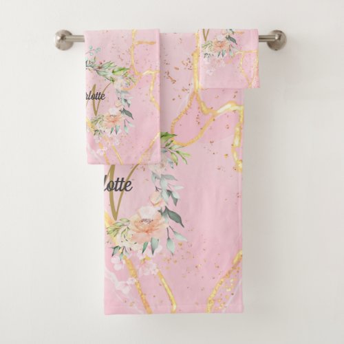 Gold Script Monogram Pink Geode Agate Floral Bath Towel Set