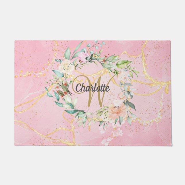 Gold Script Monogram Pink Geode Agate Floral Doormat (Front)