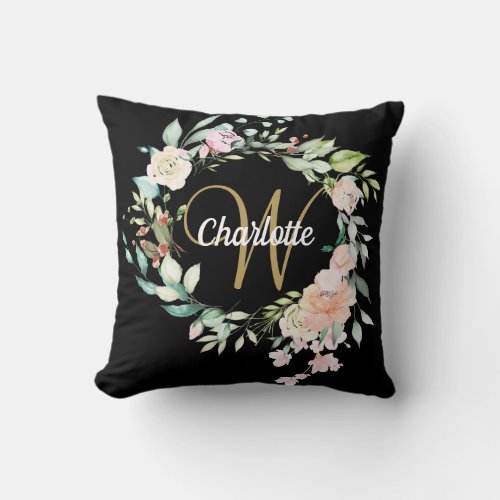 Gold Script Monogram Roses Floral Black Throw Pillow